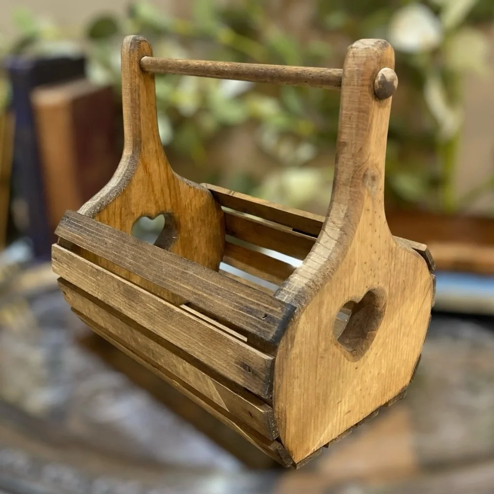 Vintage Primitive Heart Wood Slat Basket Caddy with Handle Farmhouse Country